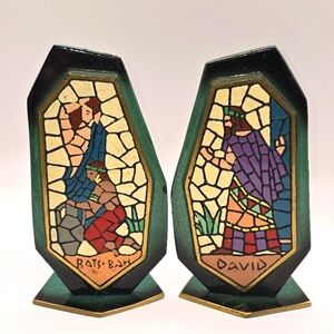 Vintage Dayagi Brass & Enamel Mosaic Jewish Art Rare Bookends Made in Israel